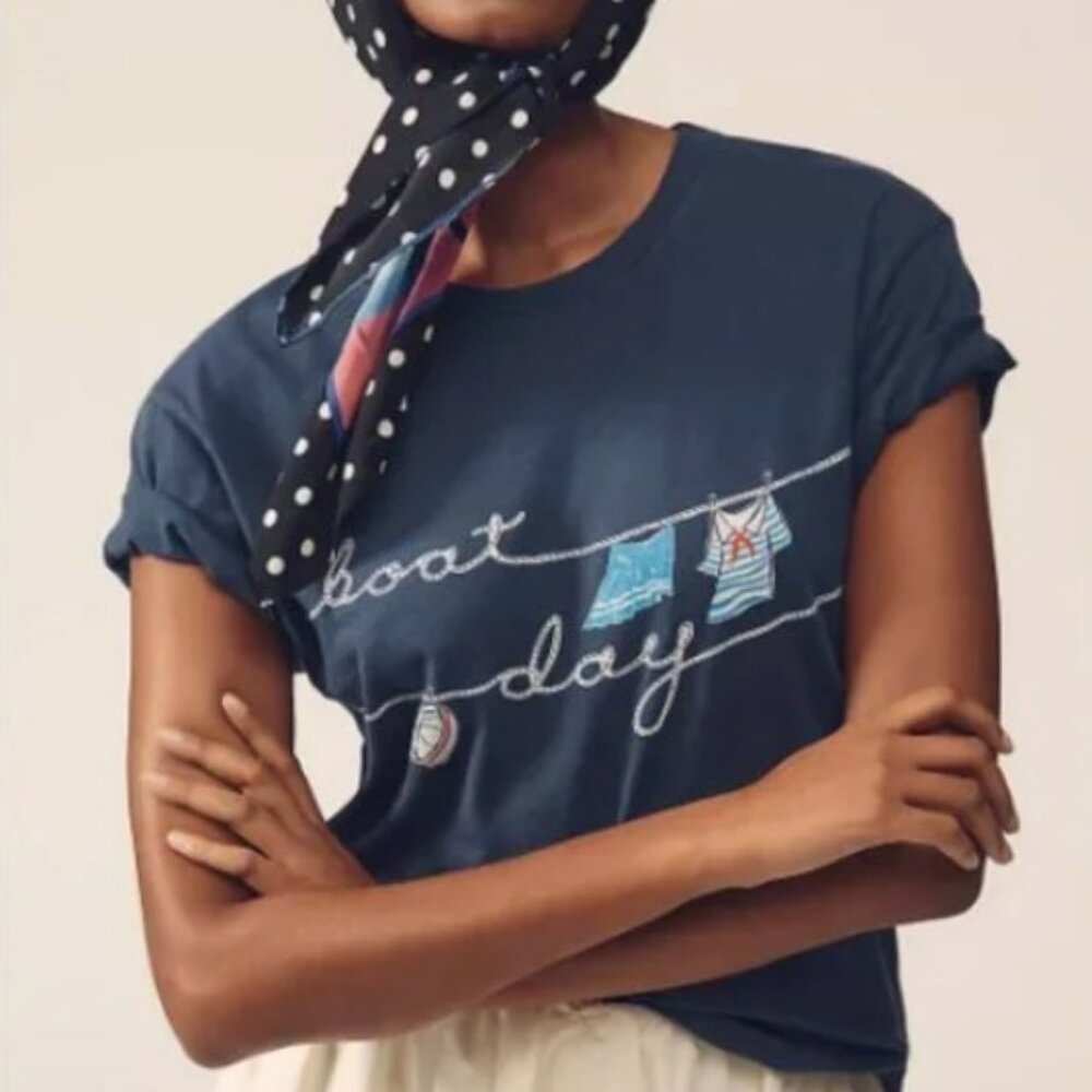 Anthropologie Summer Day Graphic Tee NAVY BLUE BOAT DAY T-SHIRT TOP by Letluv